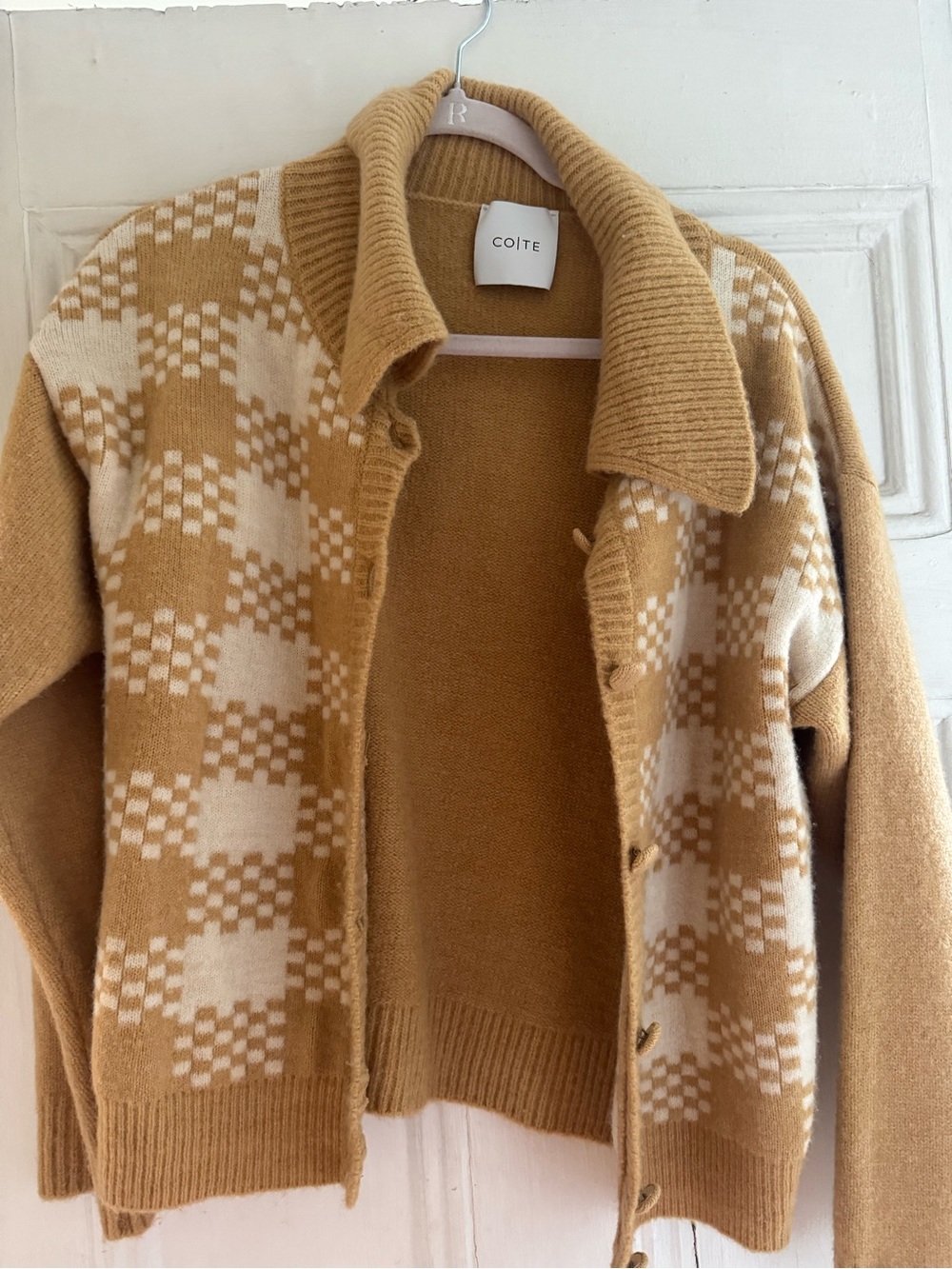 COTE (CO|TE) Tan & Cream Checkered Knit Button-Up Cardigan